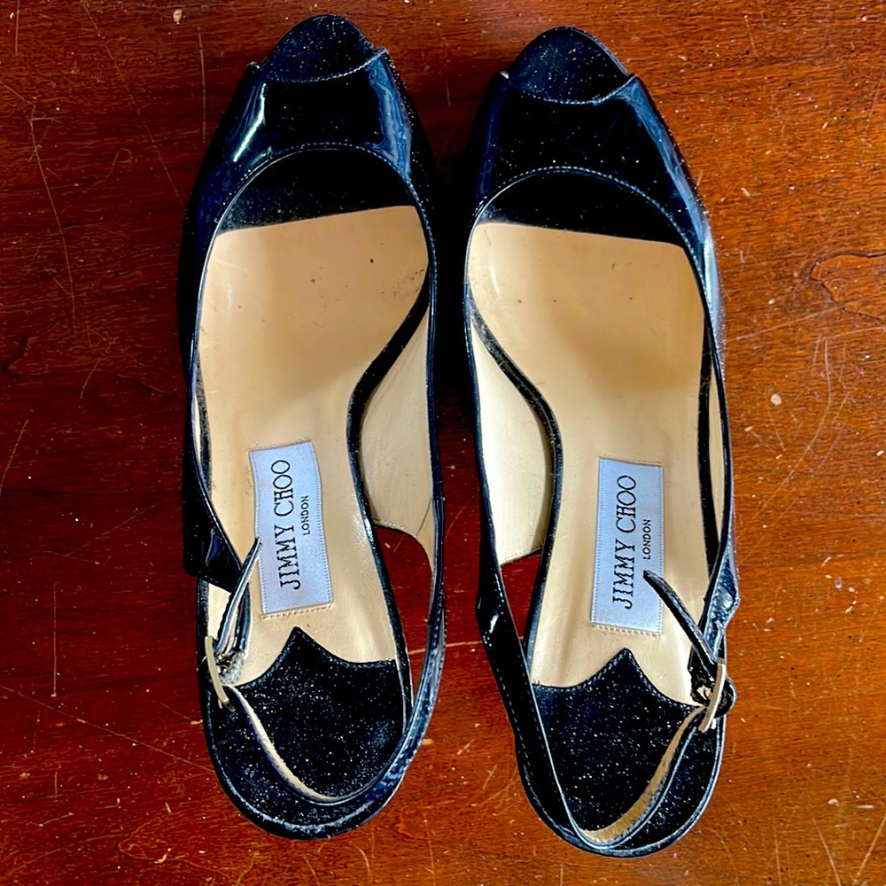 Jimmy Choo high heels. Size 40. Fits 8 1/2-9. Black Patent Leather. Open toed.